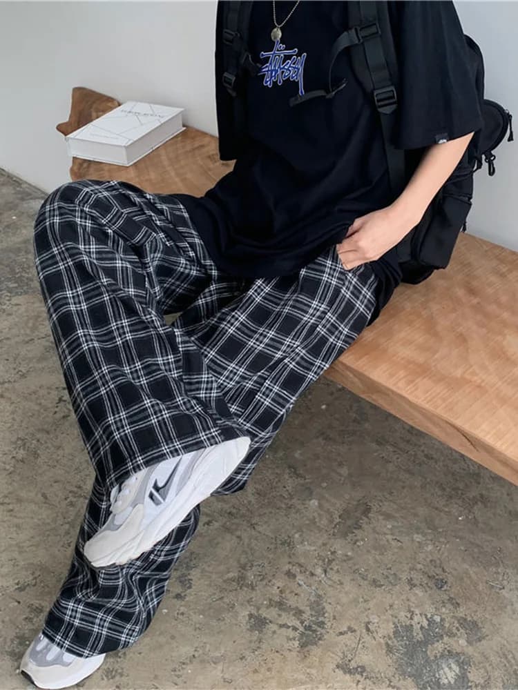 Black Plaid Wide-Leg Casual Pants