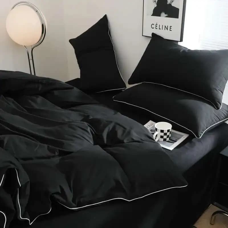 Black Bedding Set - Minimalist Queen/King Size Quilt Set 100% Cotton Plain Bed Cover Full Set (Includes Pillowcases)​