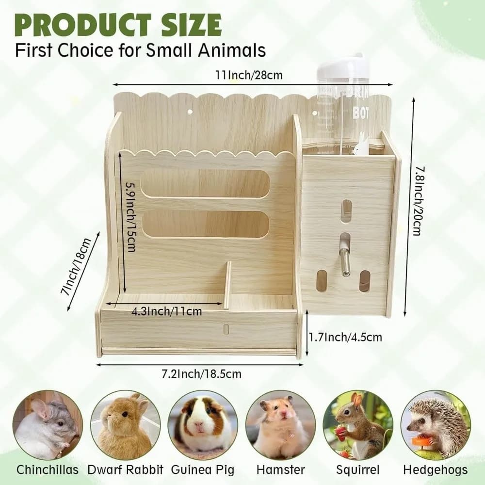 Wooden Rabbit Hay Feeder with Water Bottle