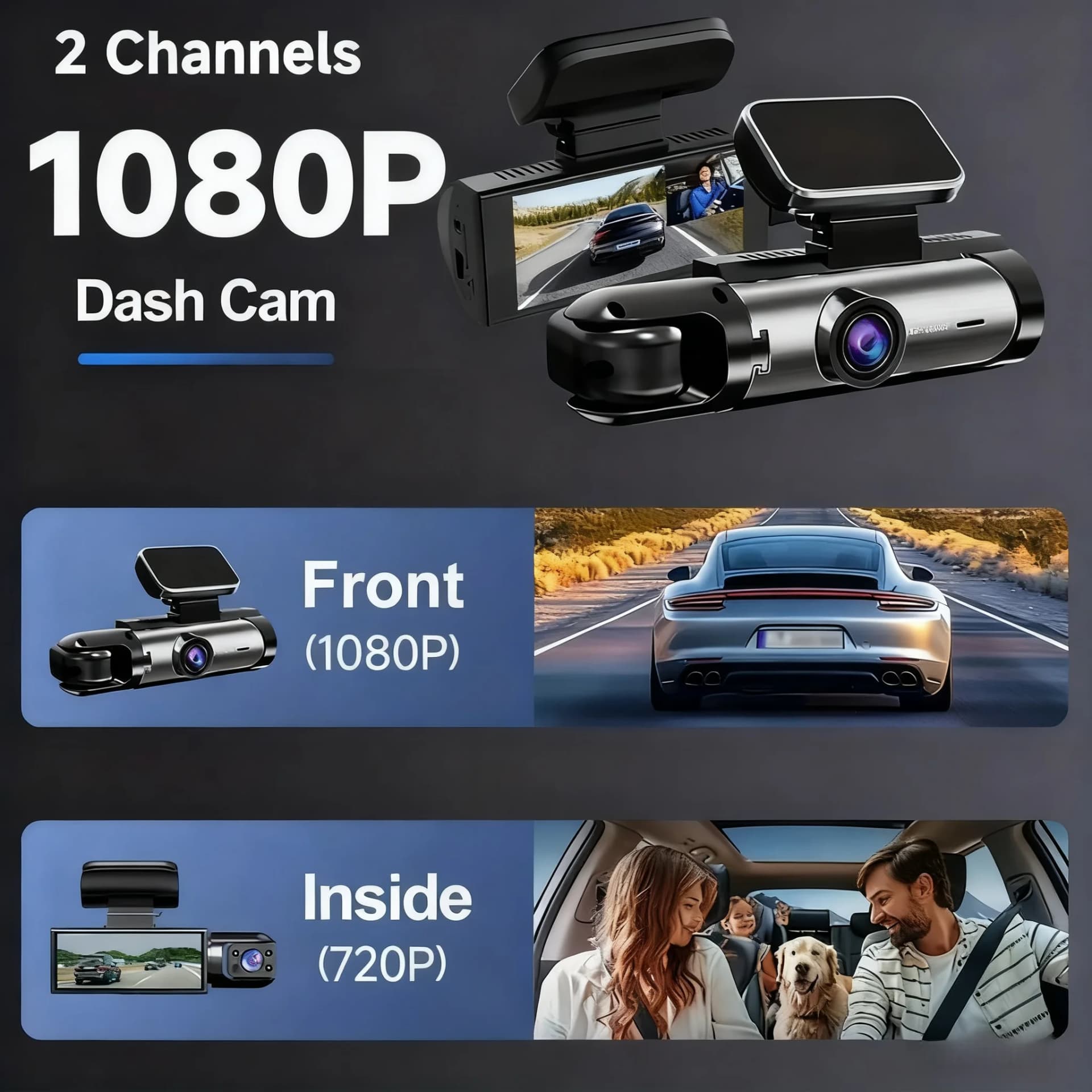 Dash Cam for cars 1080P Car DVR Video Recorder Dual car camera Front Inside View Camera Loop Recording WiFi Monitor Dashcam