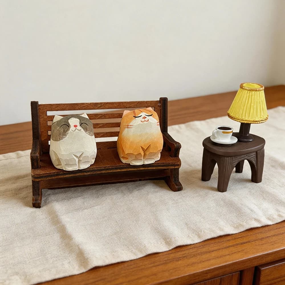 Hand Carved Wooden Cat Figurines Cute Kitten Statue with Mini Bench Home Orange Calico Cat Ragdoll Cat Desktop Ornament Gift