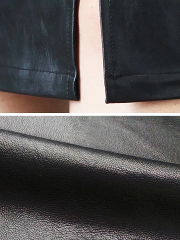 Black Leather Midi Pencil Skirt with Slit