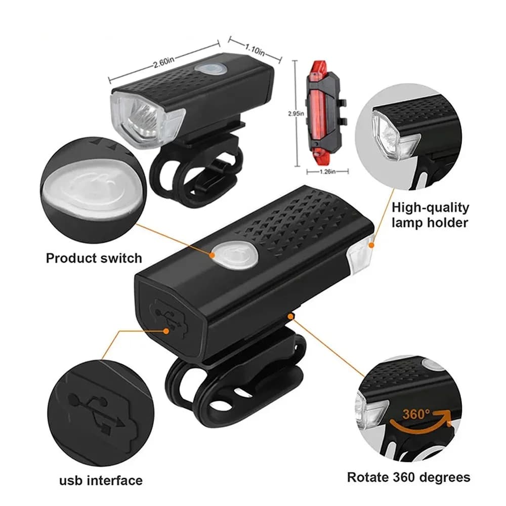 USB Rechargeable Bicycle Front and Rear Light Set
