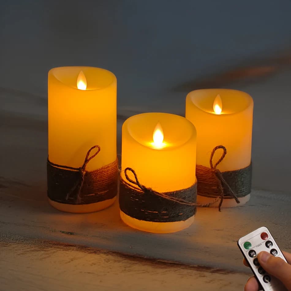 LED Candles with Dancing Flame,Vintage Rope String Wrapping,Battery Operated or USB Rechargeable Option,Ambiance Lamp, 3 PCs/Set