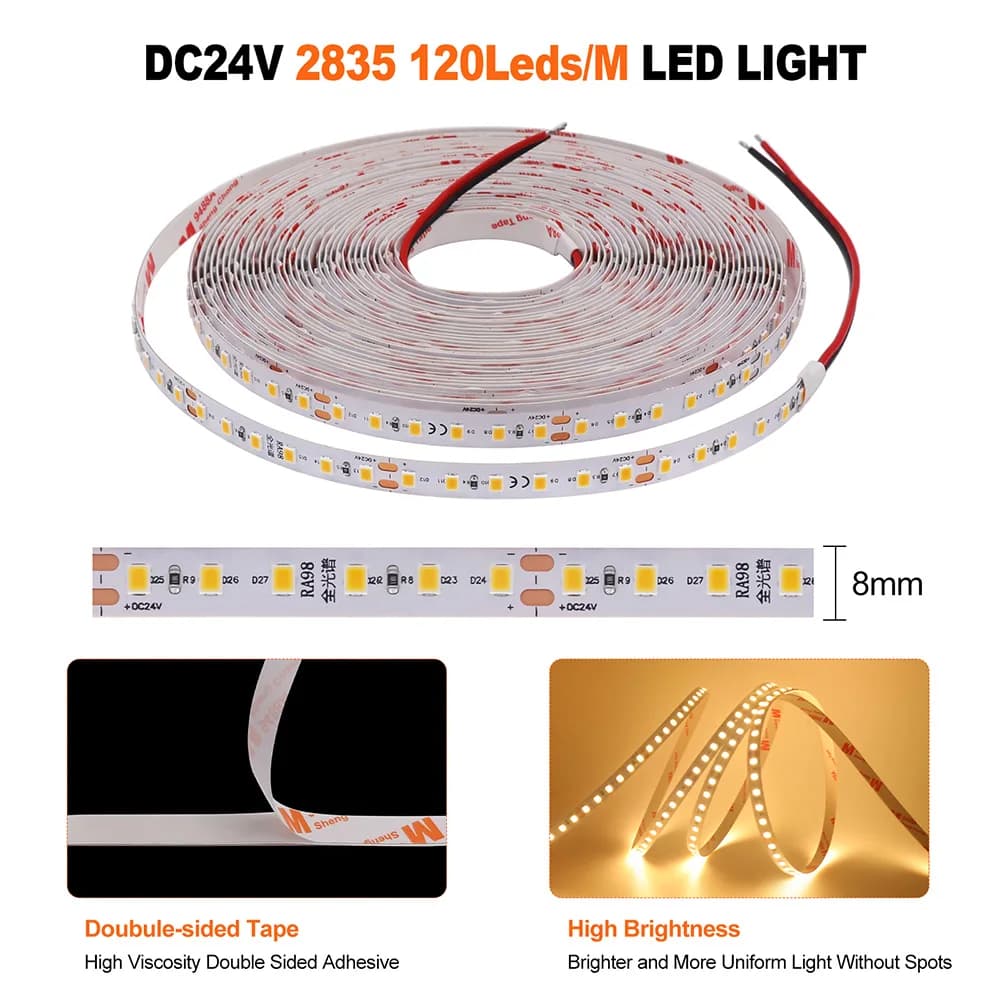 LED Strip Light 2835 24V 5m 10m RA98 2700K 3000K 3500K 4000K 5000K 6000K Flexible Tape Stripe Super Bright 120LED Home Lighting