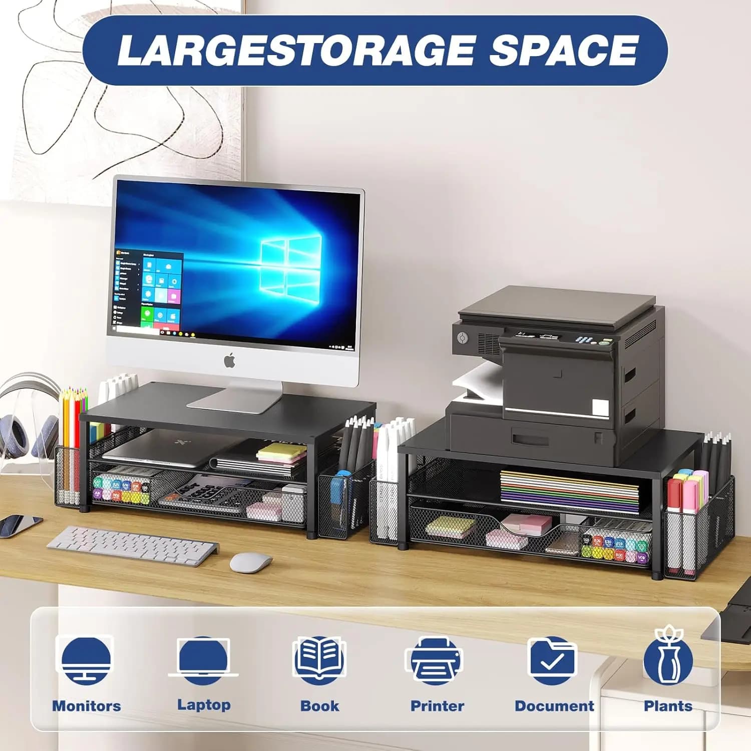 2-Tier Monitor Stand with Drawer and Pen Holders
