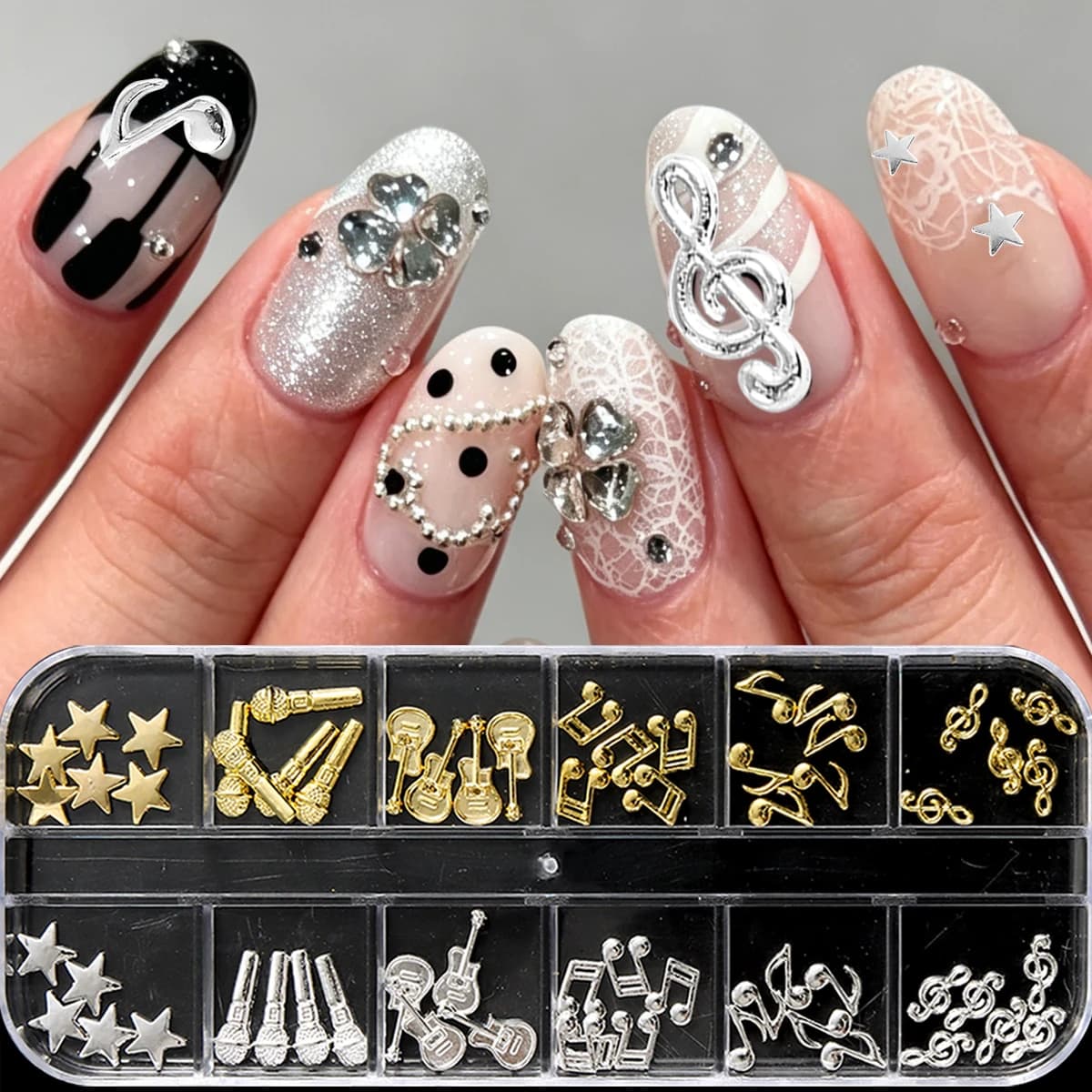 Nail art musical symbol alloy ornaments, a mix of 3D metal accessories, retro punk hollowed-out musical note nail art ornaments.