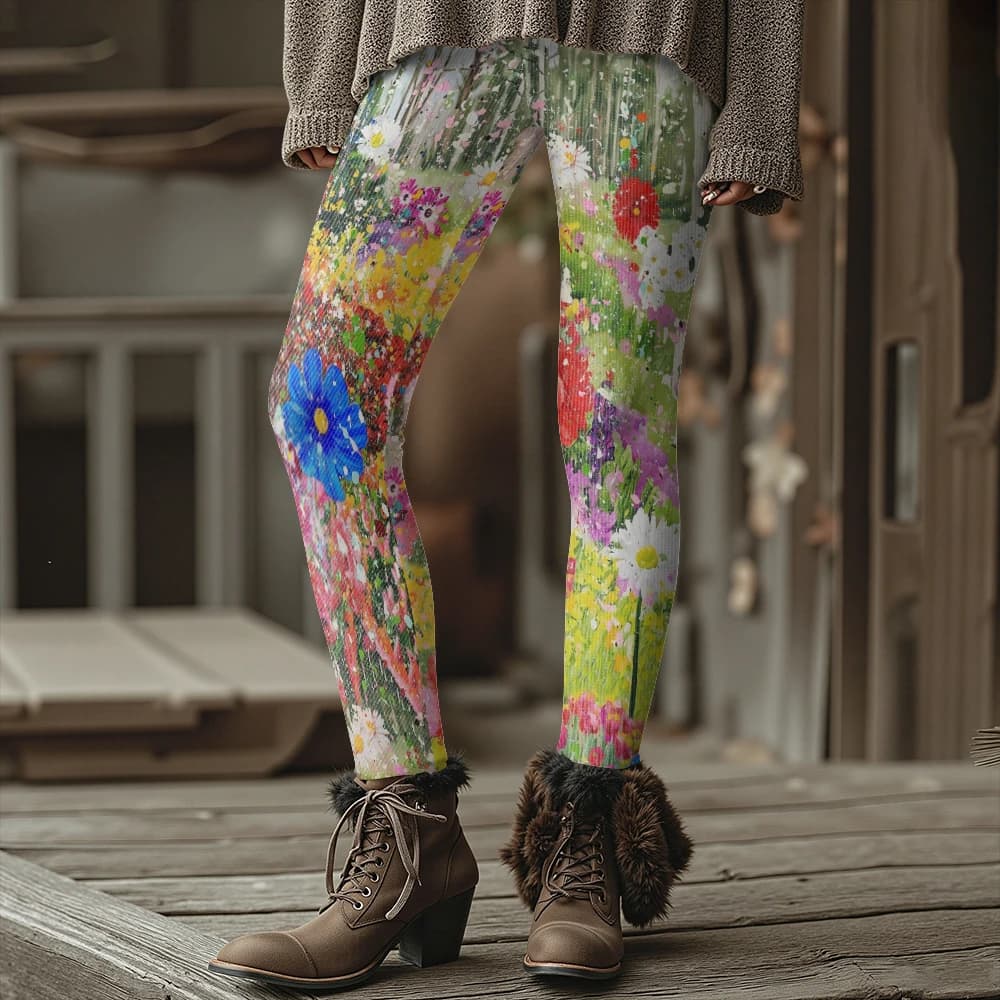 Colorful Blooming Flowers Pattern Women's Leggings Autumn Winter Warm Fashion Tights Stylish Outdoor Look Fashion Streetwear