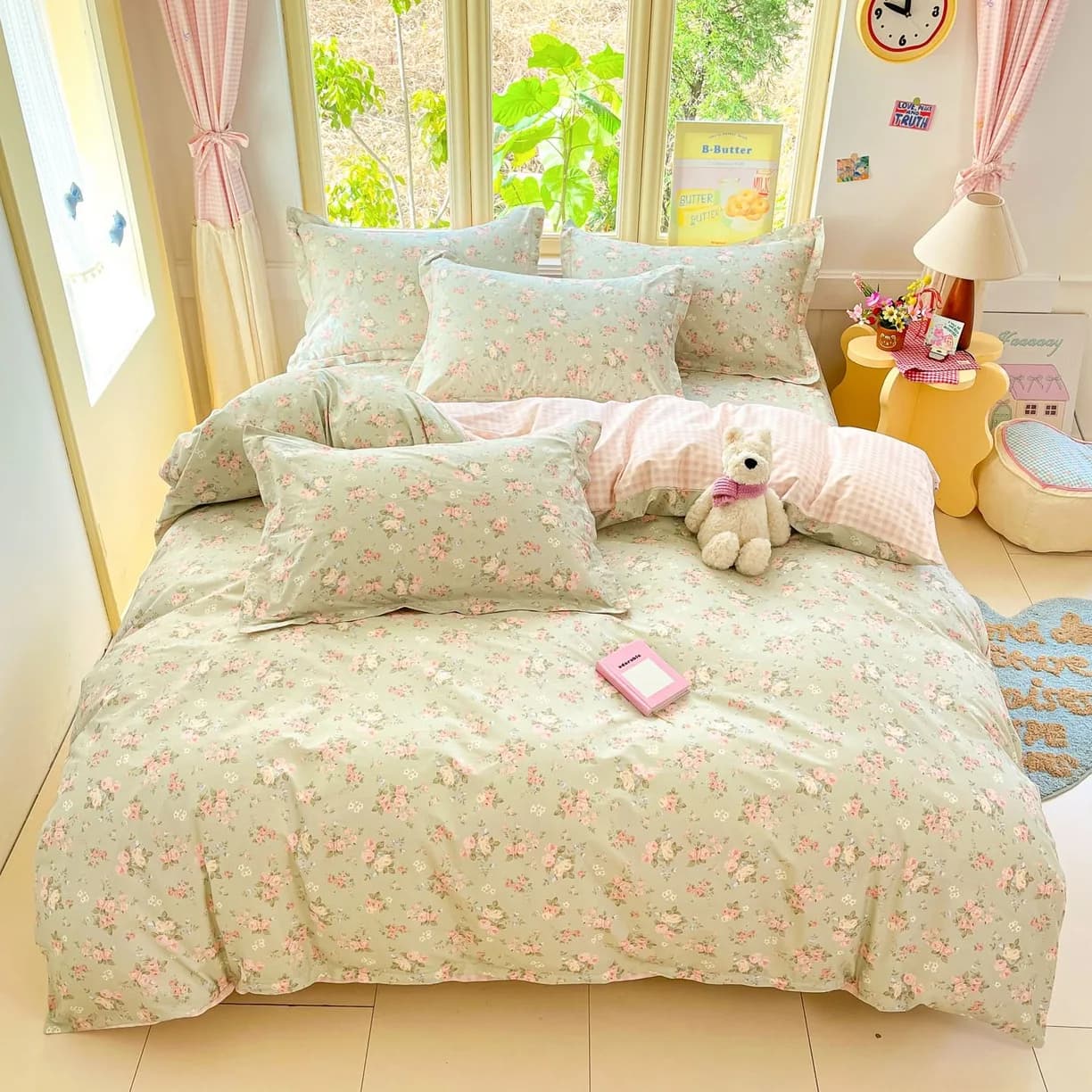 Cartoon Print 100% Cotton Bedding Sets Queen King Floral Duvet Cover Set with Flat Sheets and Pillowcase Single Double Bed Set