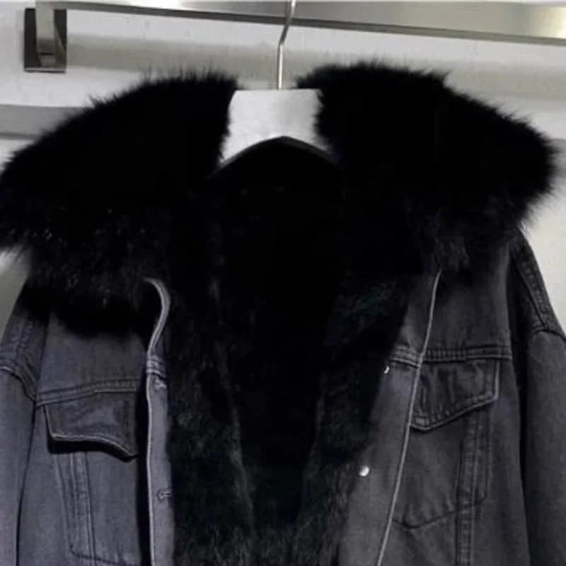 Women's Winter Denim Jacket with Fur Collar