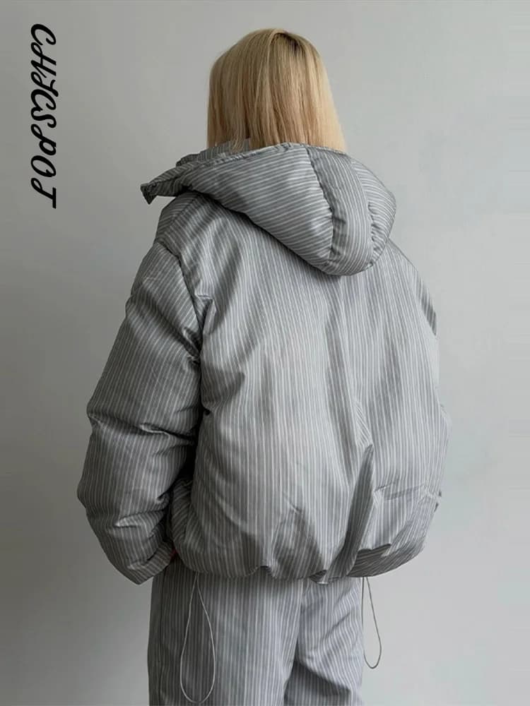Women's Striped Hooded Padded Jacket and Lantern Pants Set