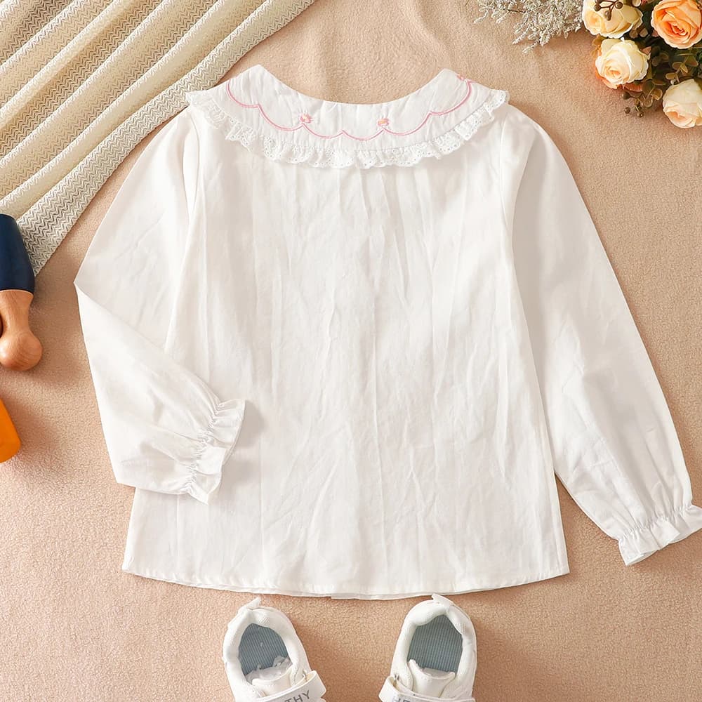 Girls White Cotton Long-Sleeve Ruffled Collar Shirt