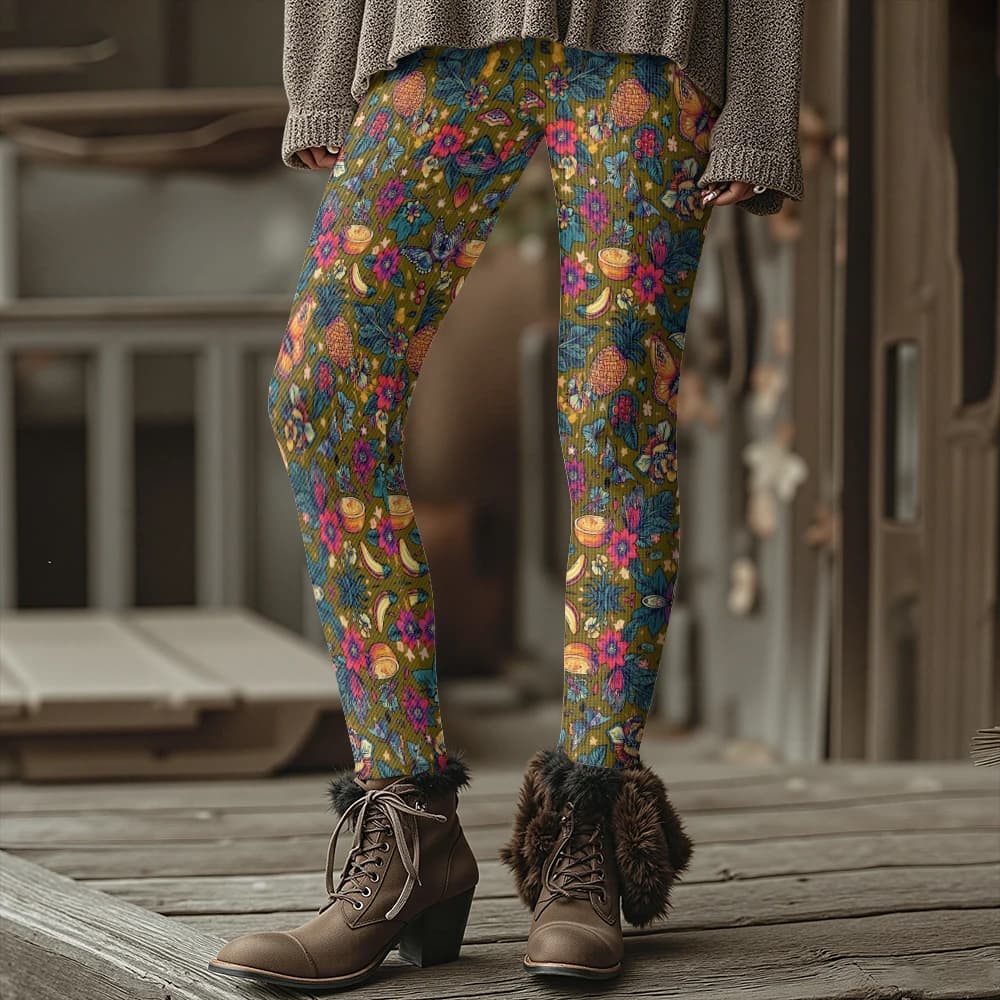 Colorful Blooming Flowers Pattern Women's Leggings Autumn Winter Warm Fashion Tights Stylish Outdoor Look Fashion Streetwear