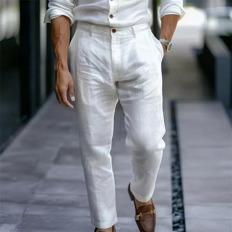 Men's Khaki Linen Blend High Waist Tapered Ankle Pants