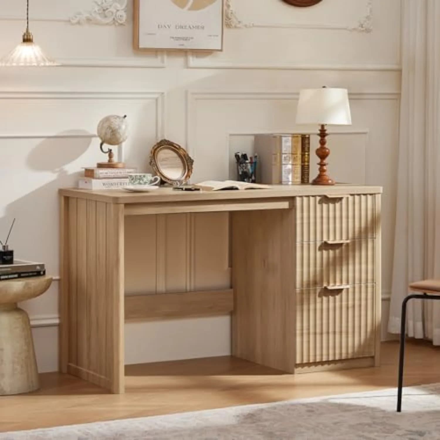 Office Desk 48" with 3 Drawers Storage File Cabinet | Wood Fluted Work Study Escritorio Desks for Computer Office