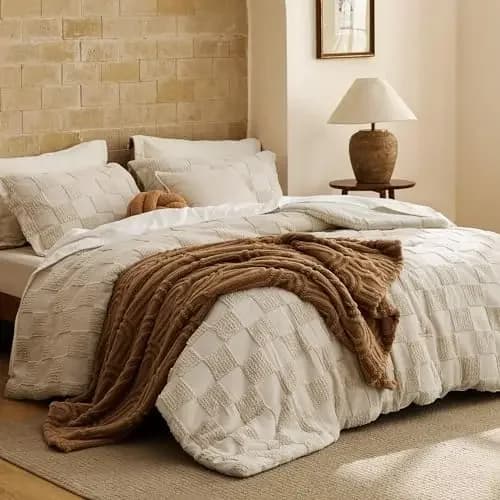 California King Size Comforter Set Beige, Boho Tufted Bed Set, Checkered Farmhouse-Style Distressed Vintage Bedding, 3