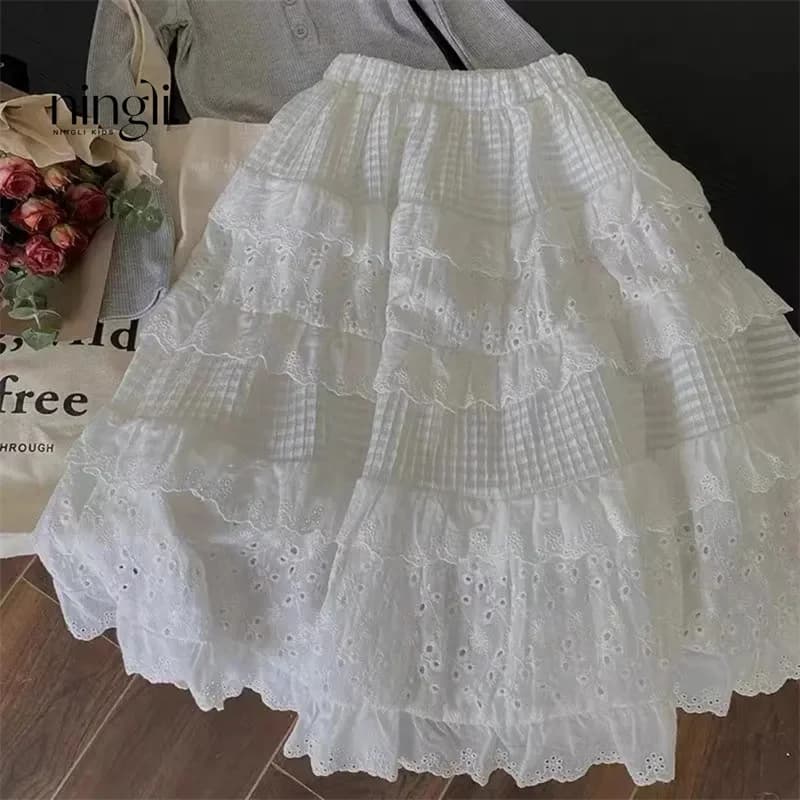 Girls Lace Layered Long Skirt White