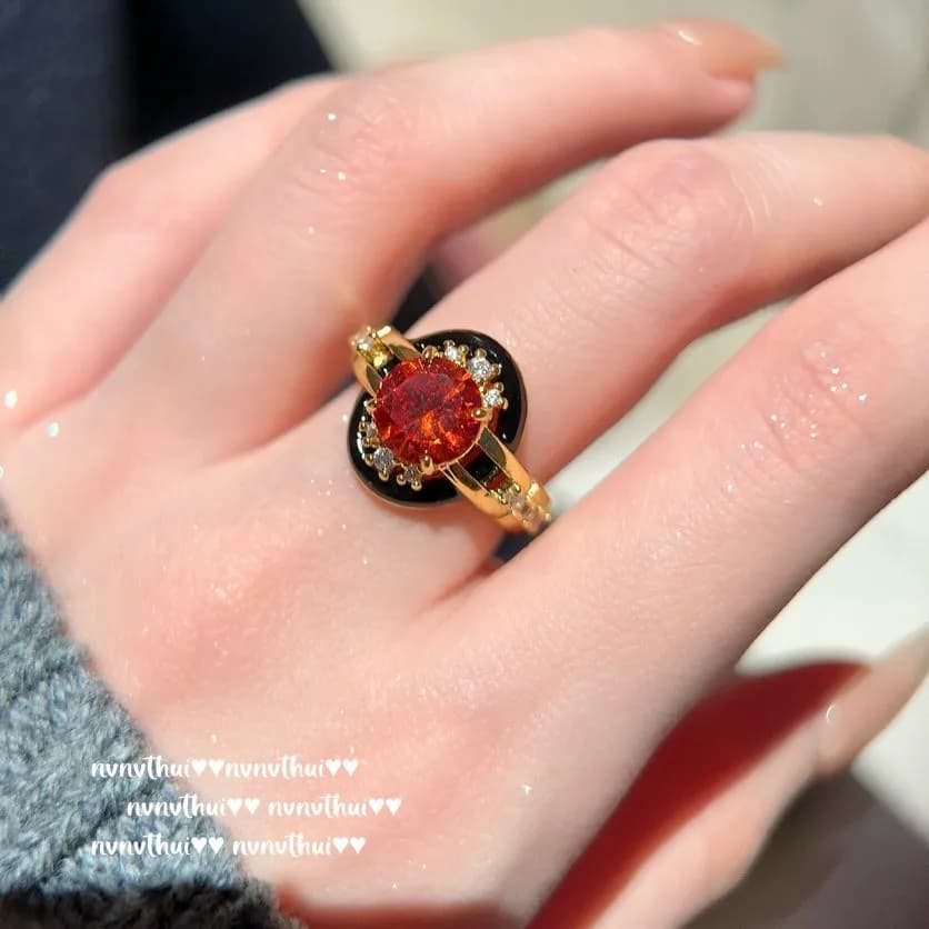 Lab Ruby Enamel Ring Round Cut Gold Plated