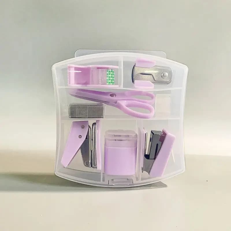 8 PCS Mini Office Supplies Set with Portable Case - Including Scissors Tape Box Pencil Case Puncher and Staples
