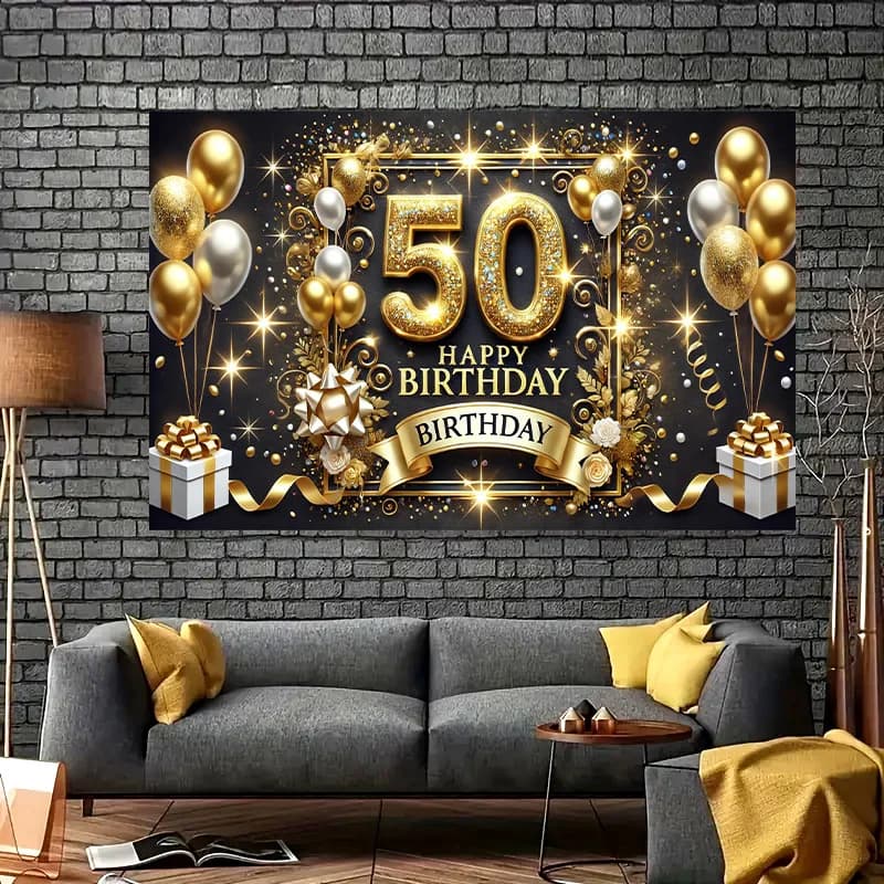 50th Birthday Party Banner Gold Black