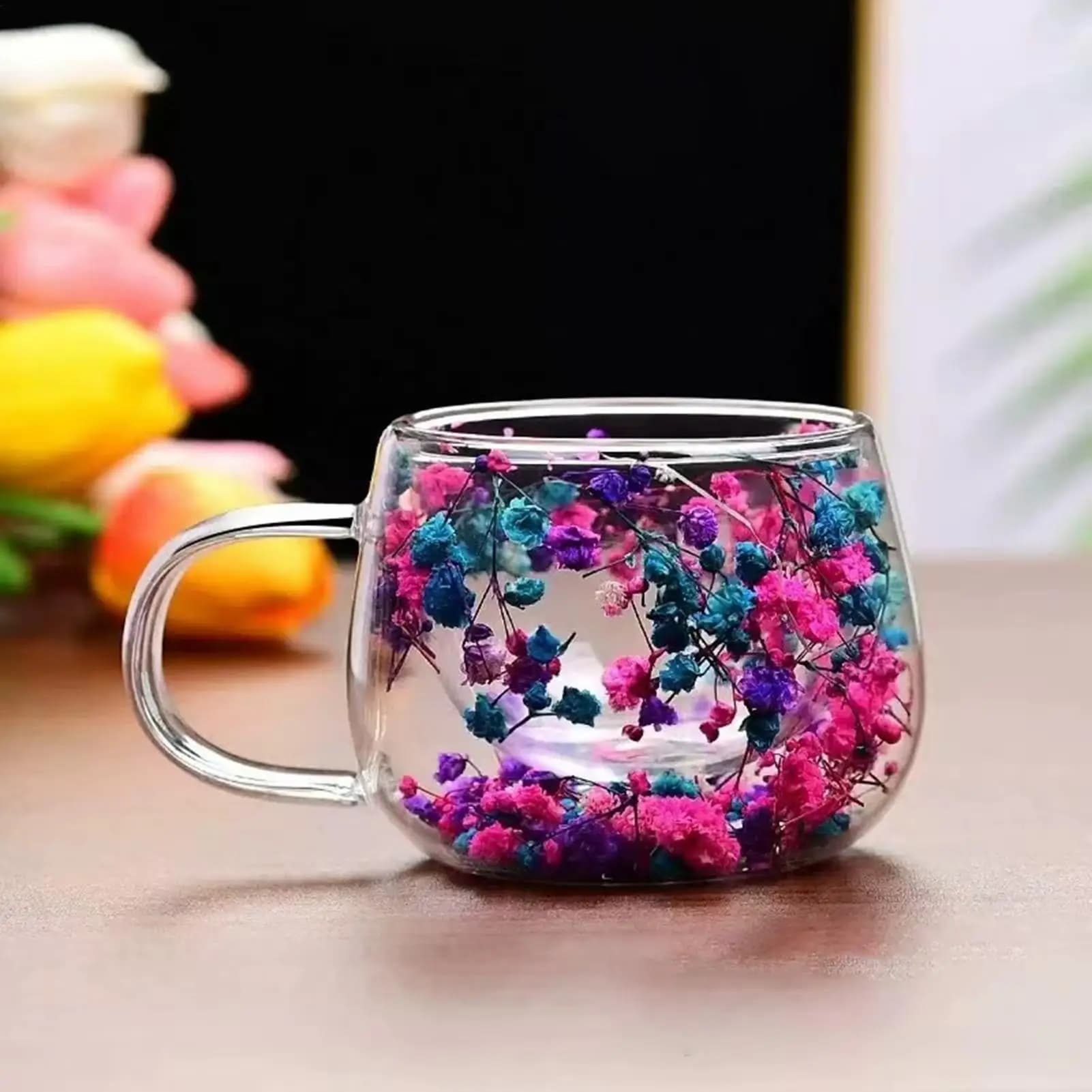 Double Wall Glass Cup with Dried Flowers