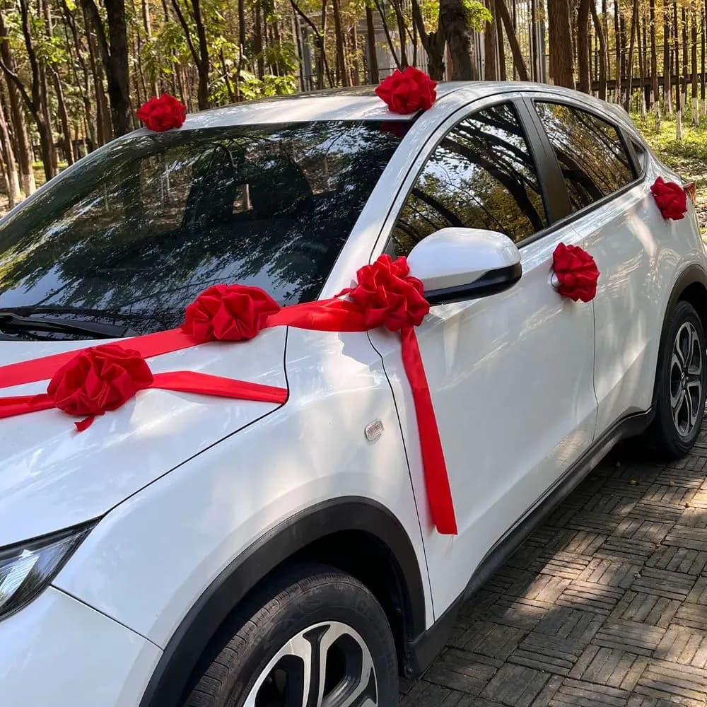 Large Wedding Car Front Decor Full Set Romantic Floral Ball Flower Arrangement Ribbon Bows Bridal Main Car Decor