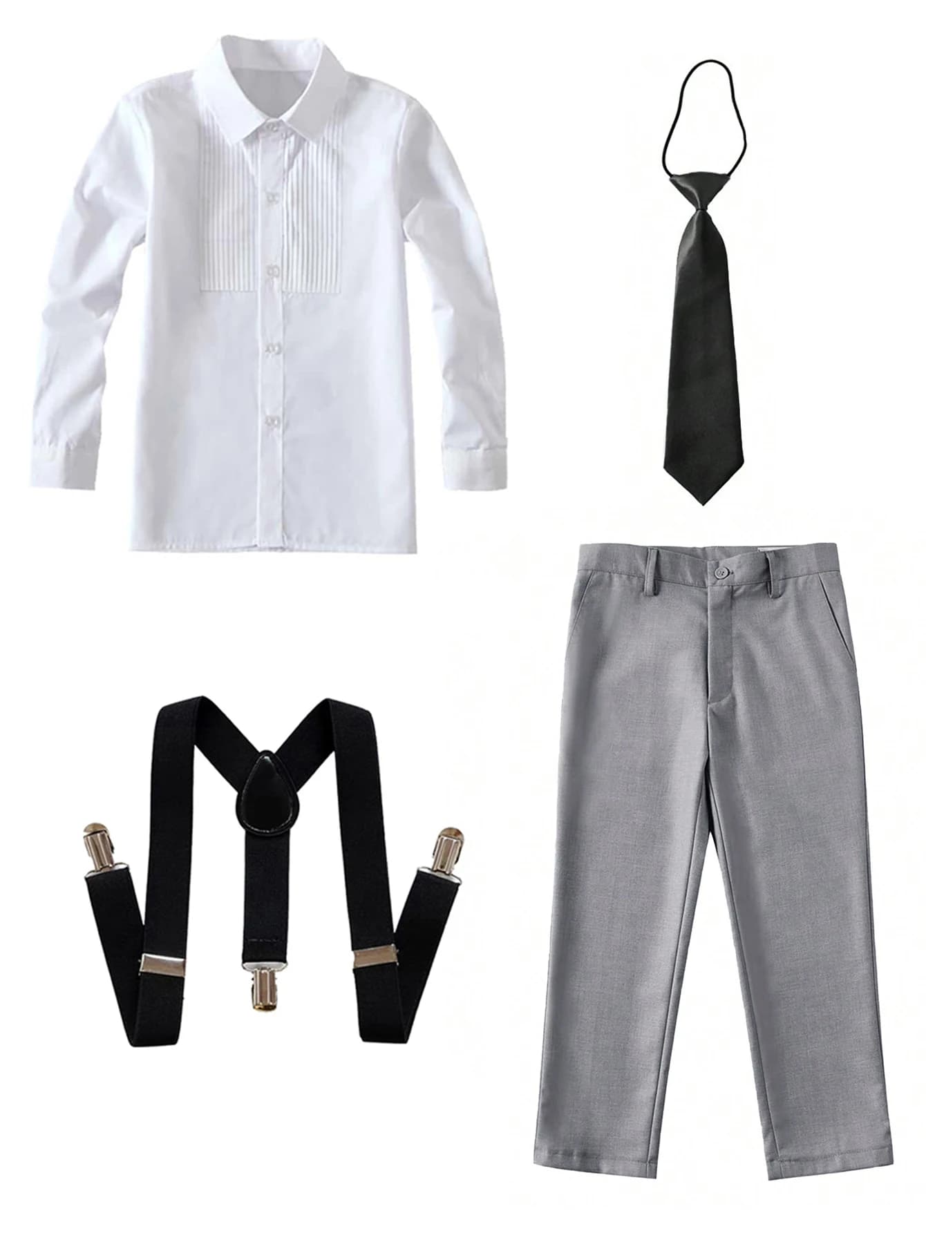 4pcs/set Boys' Suit Set With  Shirt , Pants  Tie And Straps School Uniforms