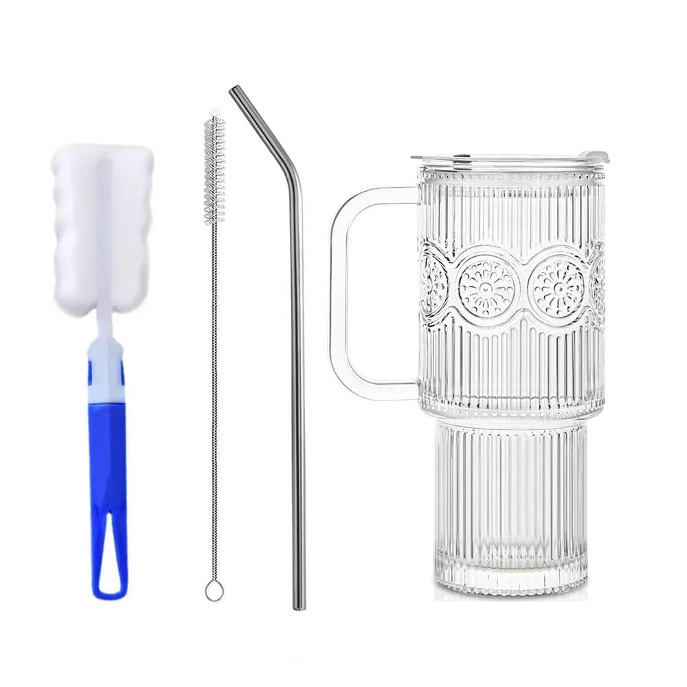 500 ML Ribbed Glass Tumblers with Lids and Straws