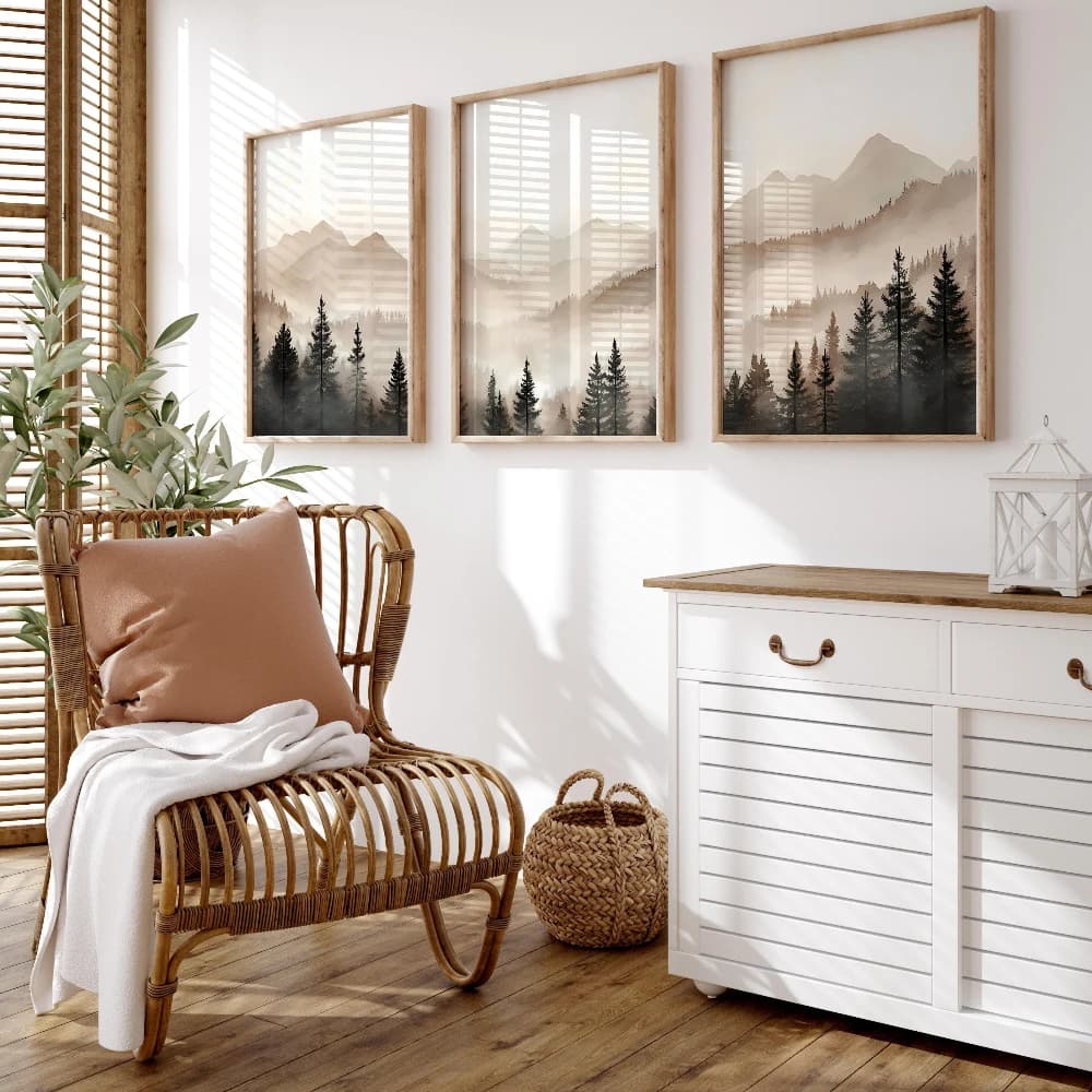 Abstract Foggy Mountains Triptych Print Set