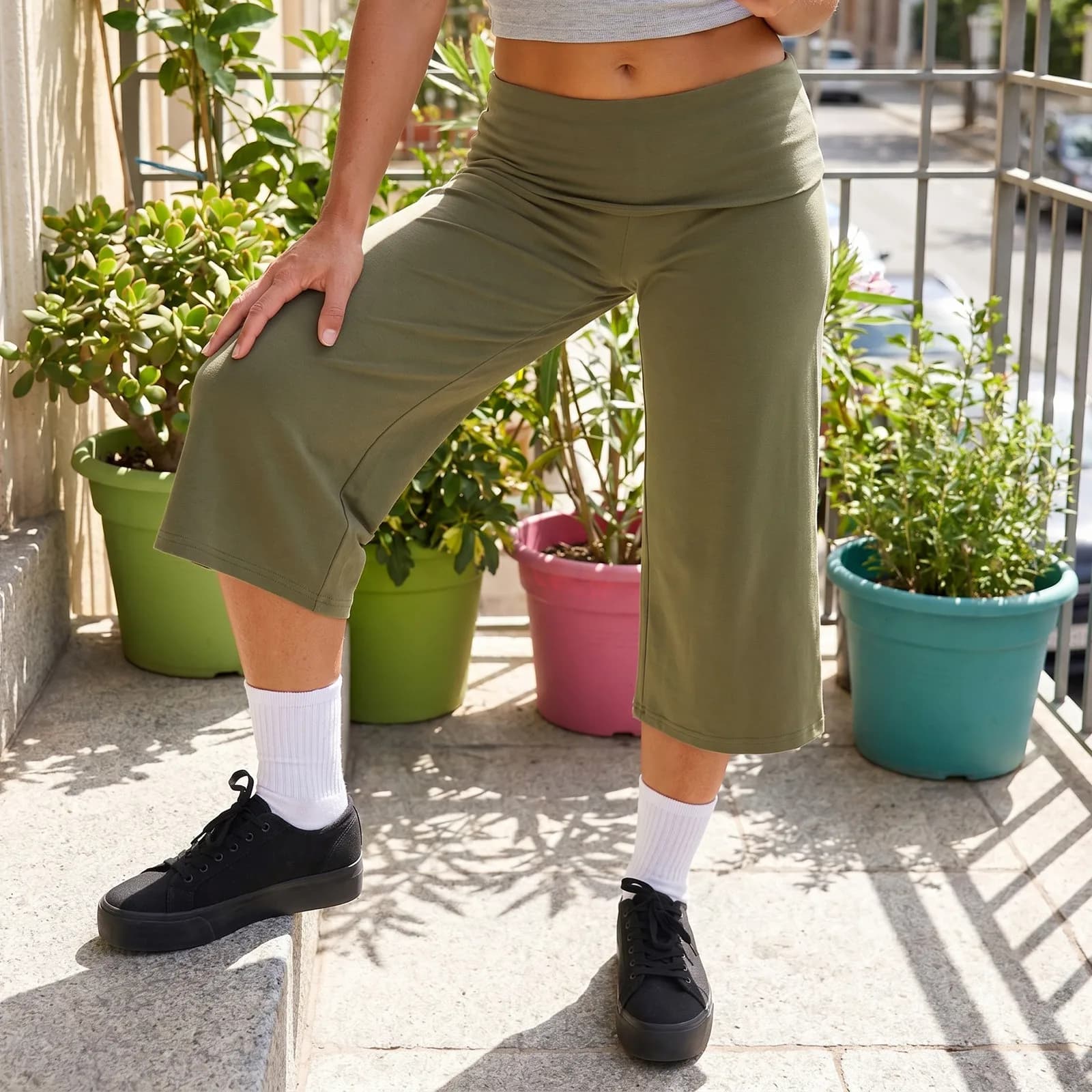 Women's Fold-Over Capri Pants Wide Leg Lounge