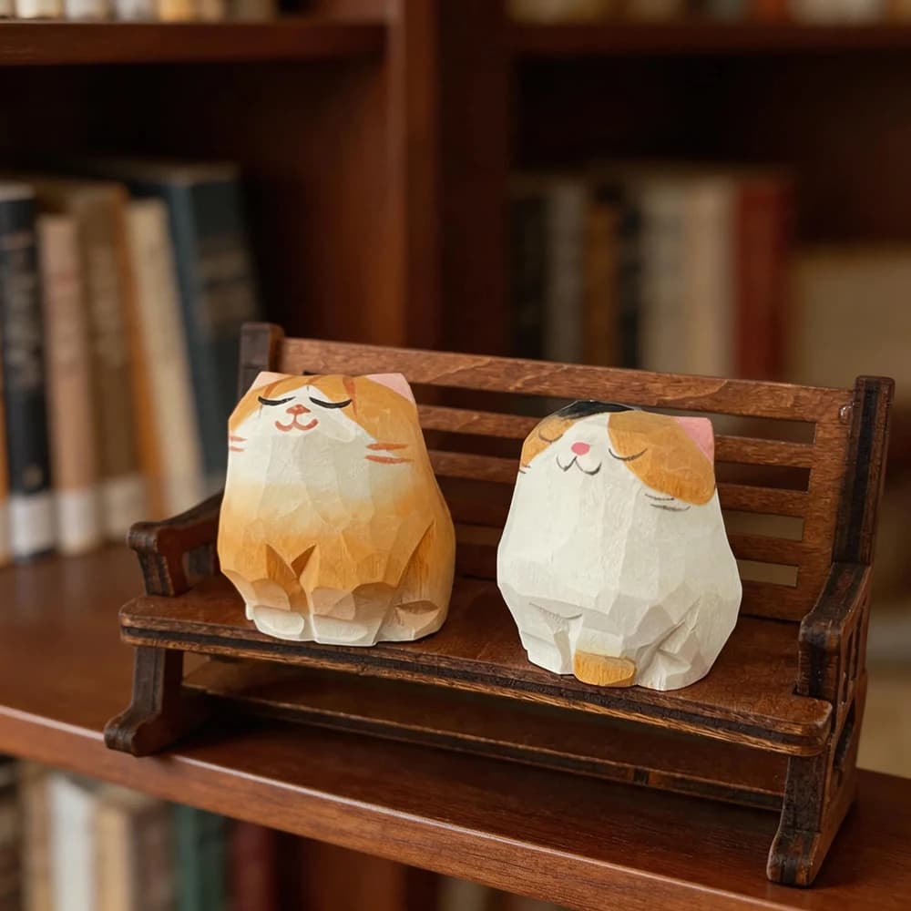 Hand Carved Wooden Cat Figurines Cute Kitten Statue with Mini Bench Home Orange Calico Cat Ragdoll Cat Desktop Ornament Gift