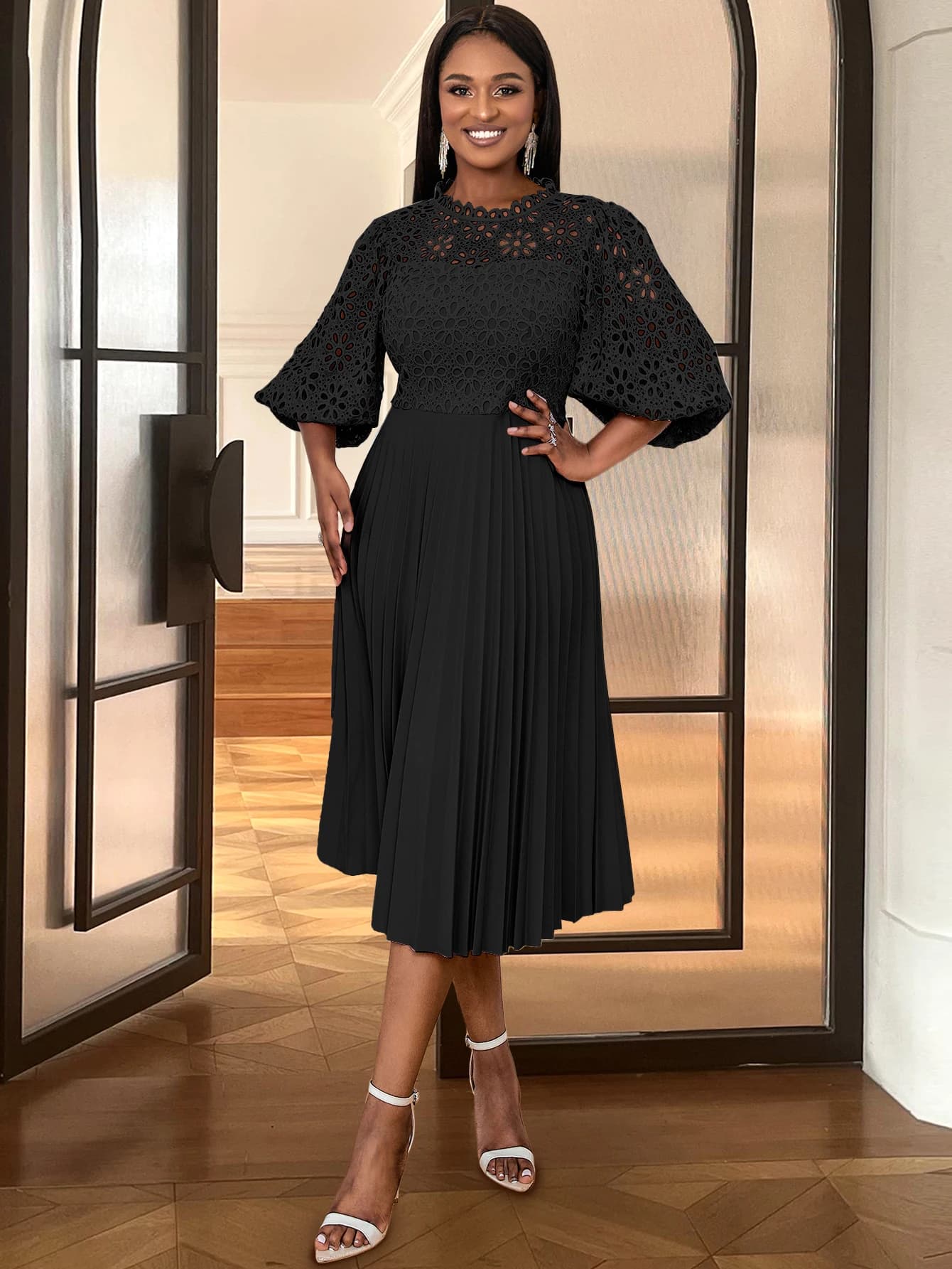 White Lace Puff Sleeve Pleated A-Line Dress
