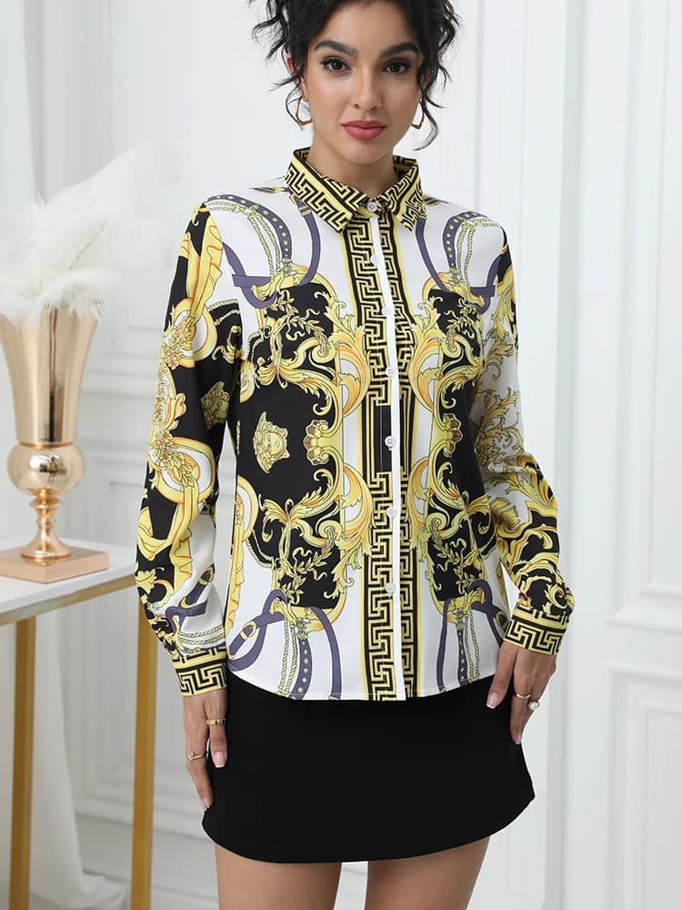 Fashion France Style Ladies Shirts New Elegant Women Blouses Fashion Printed Long Sleeve Button-Down Tops Blusa Mujer