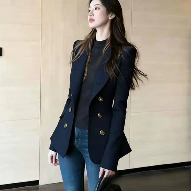 Navy Blue Double-Row Slim Fit Blazer