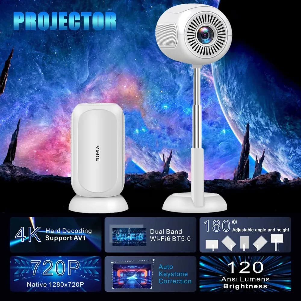 Mini 4K Projector,Outdoor Portable Projector With WiFi Bluetooth Projector Adjustable angle/height,Keystone Correction For Home