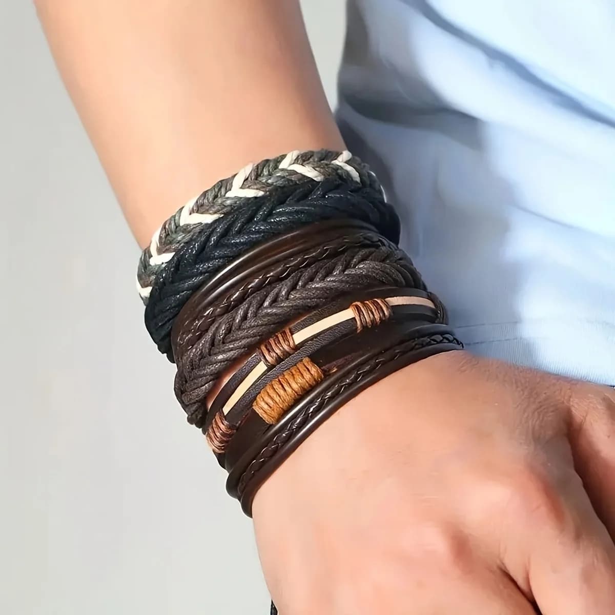 Braided Leather Bracelets with Wood Beads