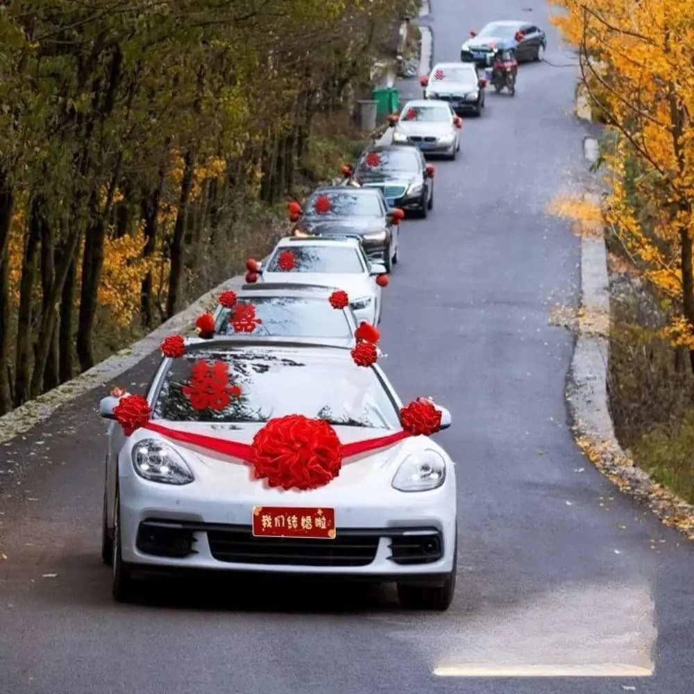 Large Wedding Car Front Decor Full Set Romantic Floral Ball Flower Arrangement Ribbon Bows Bridal Main Car Decor