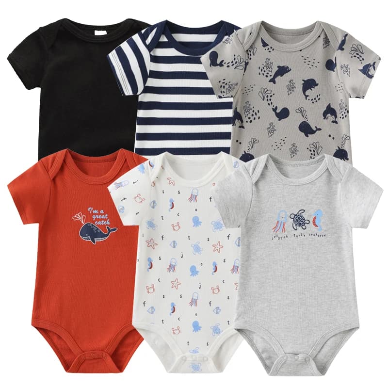 Newborn Bodysuits Cotton Cartoon Baby Girl Clothes Set 6Pieces Short Sleeve Baby Boy Clothes Summer Solid Color Bebes