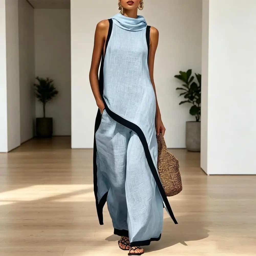 Women Fashion  Color Block Cotton Linen Two-Piece Outfit Asymmetrical Hem Mock Neck Sleeveless Top Wide-Leg Pants Vacation Sets