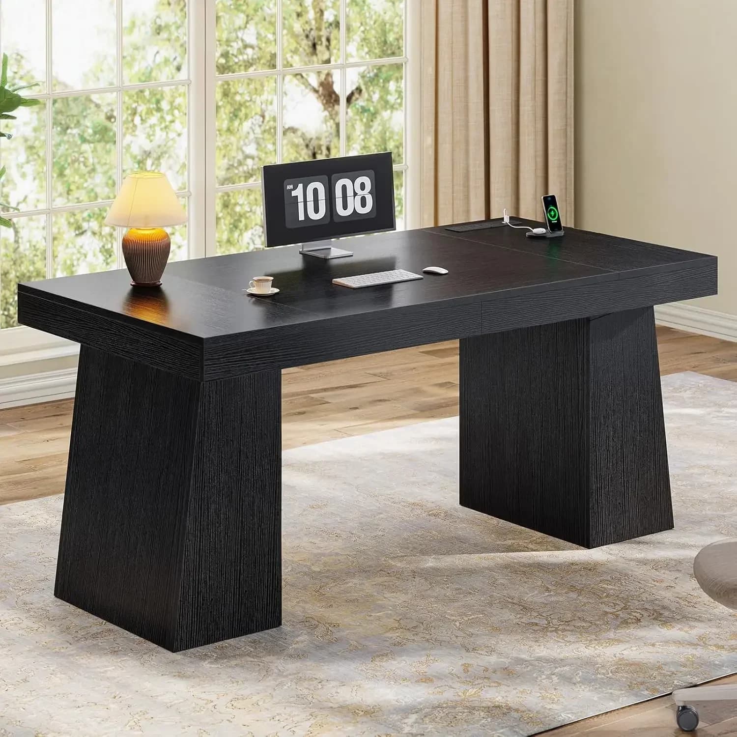 Eco-friendly 55.9 In Executive Desk With Power Outlets, Modern Home Office Desk With Storage Cabinet, Wood Computer Desk Busines