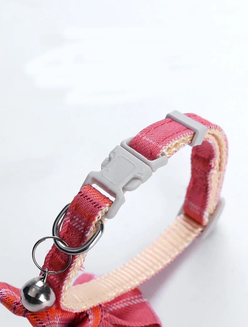 Adjustable Pet Collar with Bell and Plaid Bowtie
