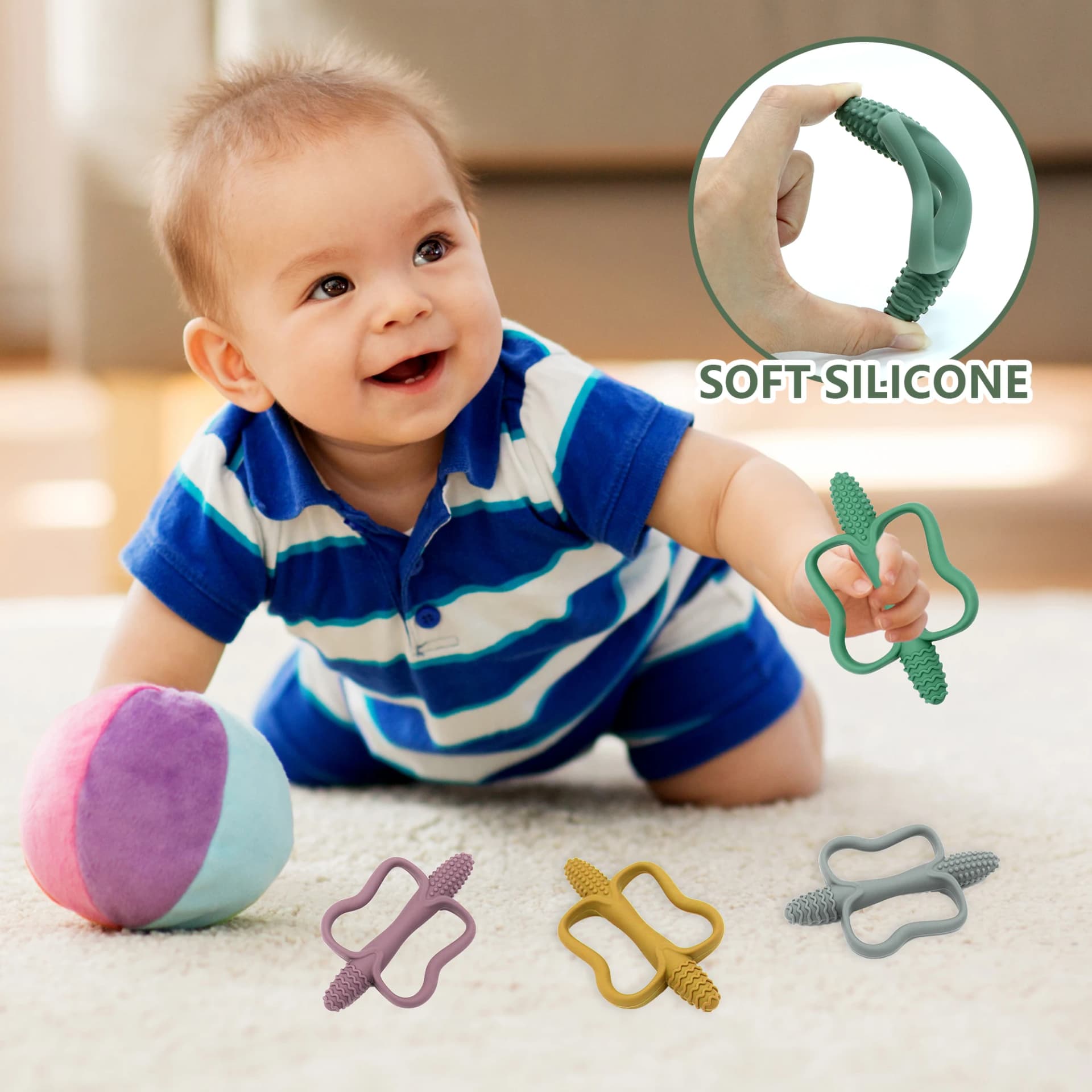 Baby teething toys with easy-grip handles, silicone teething toys, suitable for babies 0-6 months, 6-12 months