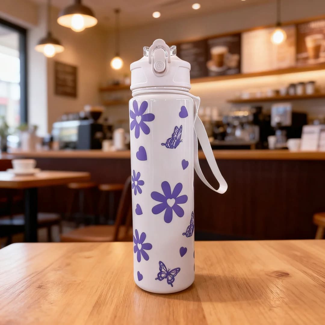 Cute Bow & Flower Water Bottle, Premium Texture Minimalist Design, Large Capacity, Lightweight and Leakproof with Portable
