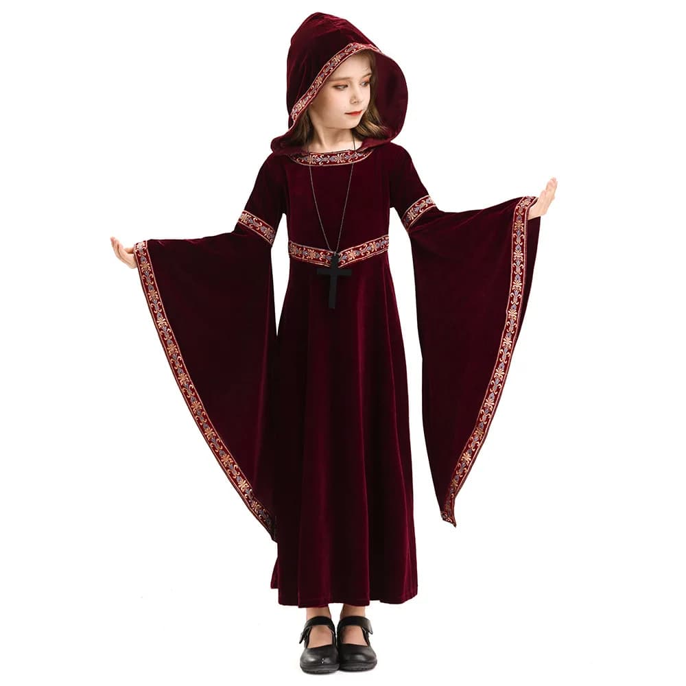 Halloween Costume Death Costume Children's Medieval Retro Gothic Vampire Hooded Witch Long Skirt Carnival Party Role Play Dress
