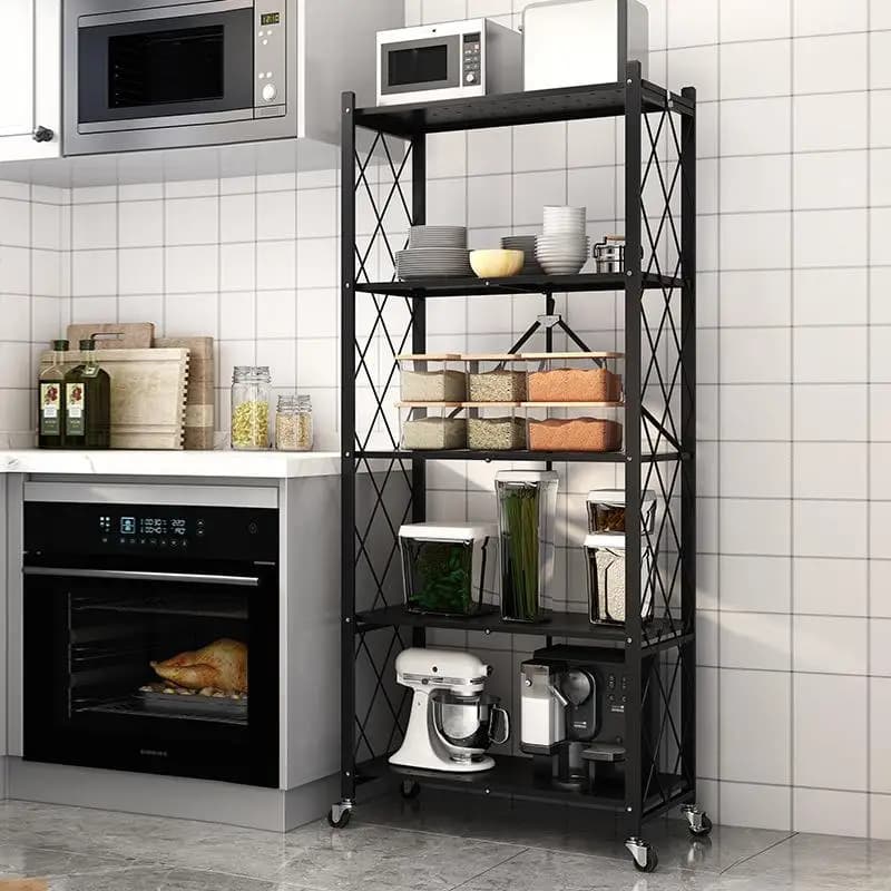 Kitchen Multi-layer Storage Rack Stand Moveable No-installation Carbon Steel Foldable Organizer for Utensils And Dishes