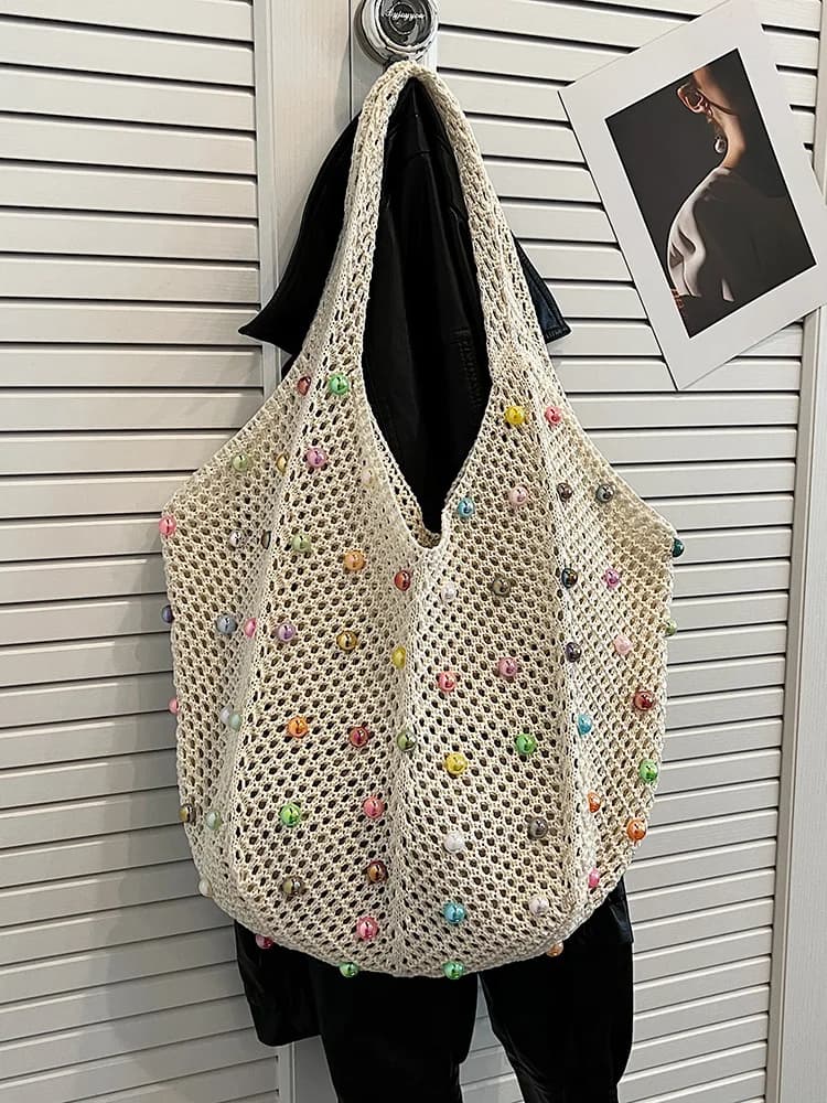 Knitted handbag, hand-held handmade woven bag, hollowed out casual small handbag, vest, large capacity crossbody bag