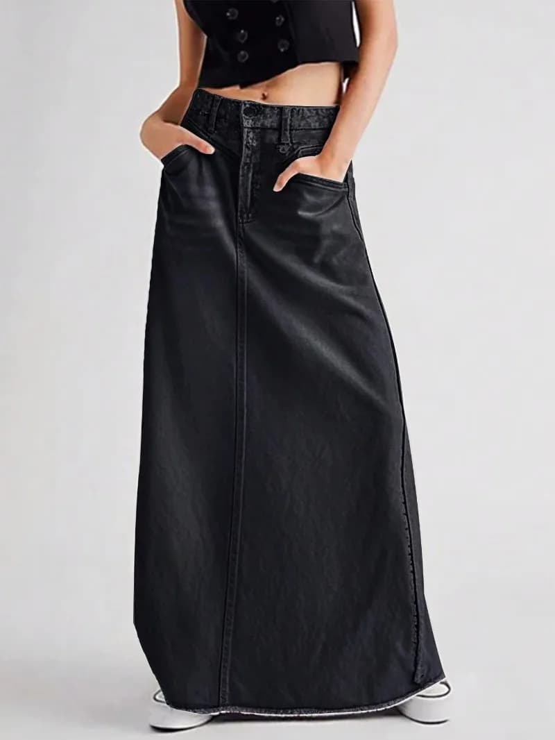 Women's A-Line Denim Skirt with Distressed Splice