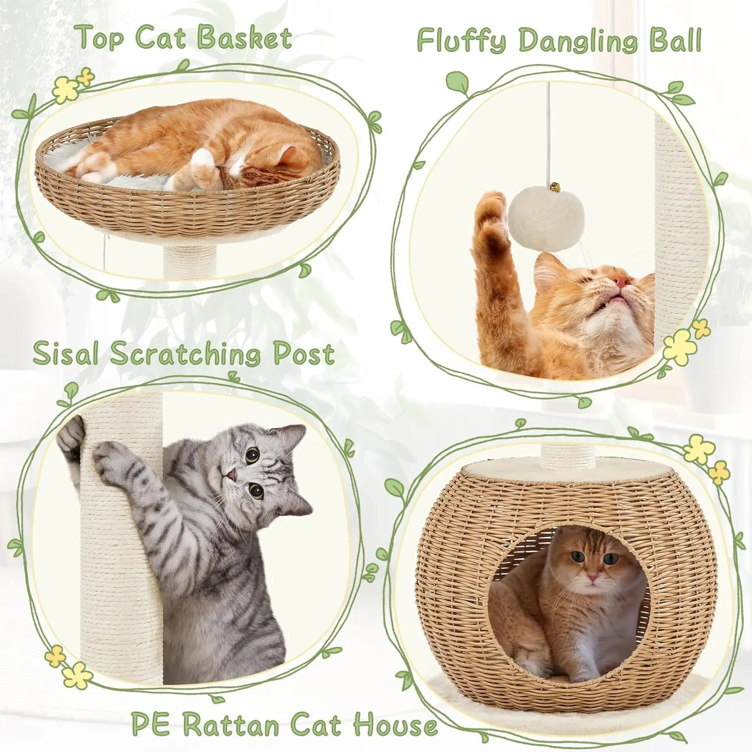 Small Boho Cat Tree with Rattan Perch