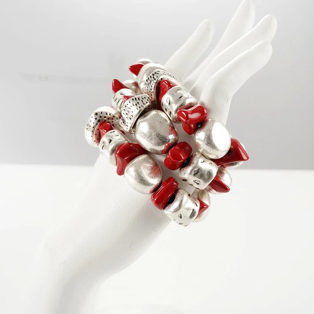 Red and Antiqued Silver Stackable Beaded Bracelet Set