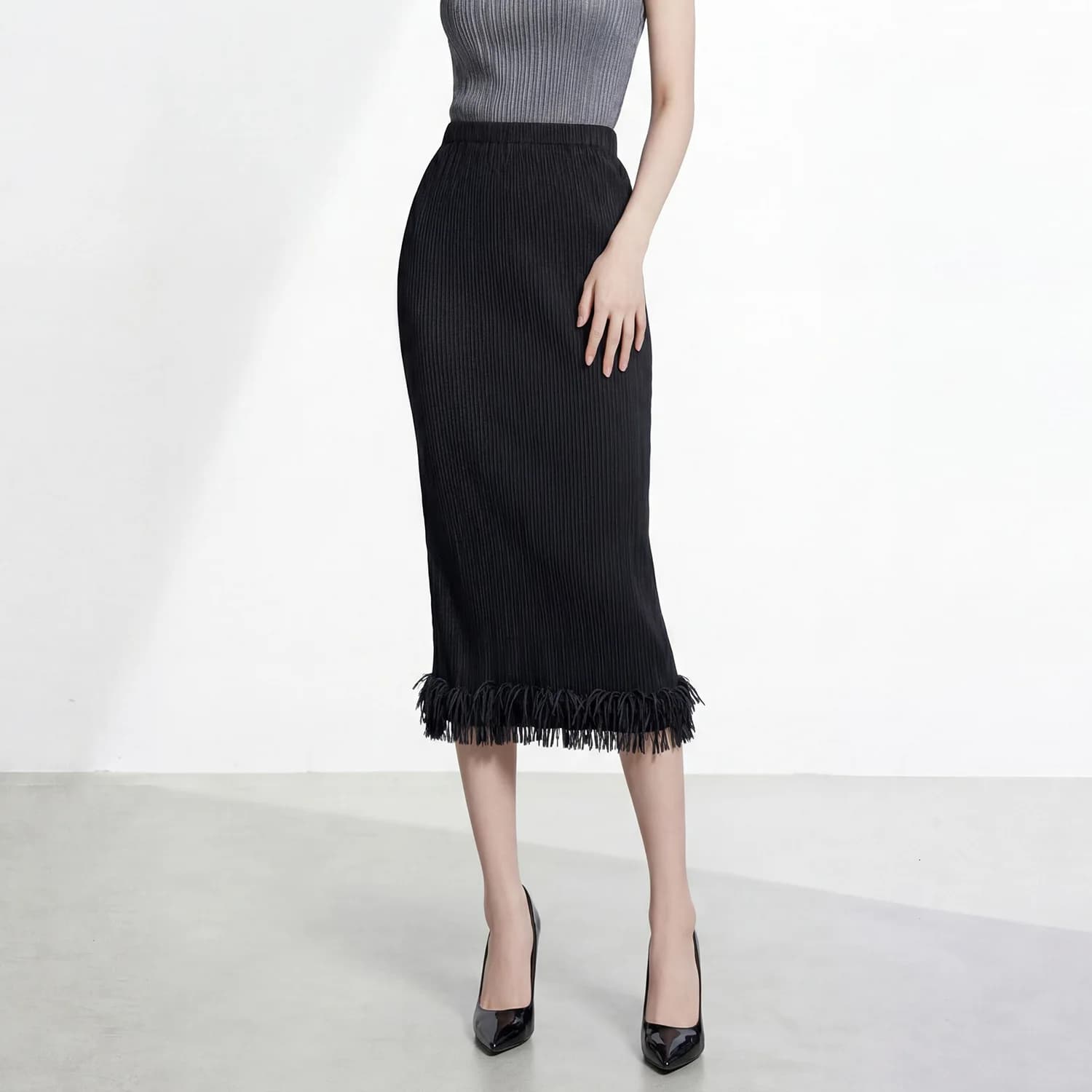 Black Pleated Pencil Skirt with Elastic Waist